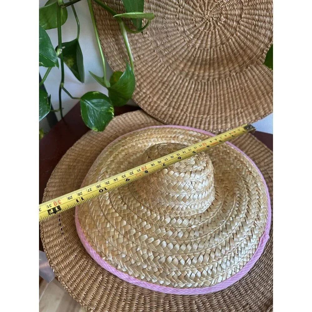 Large Straw Sun Hat with Pink Gingham Trim